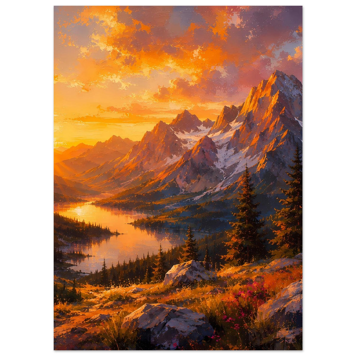 Poster Sonnenuntergang: Bergkamm, spiegelnder See und Nadelbäume, vertikal