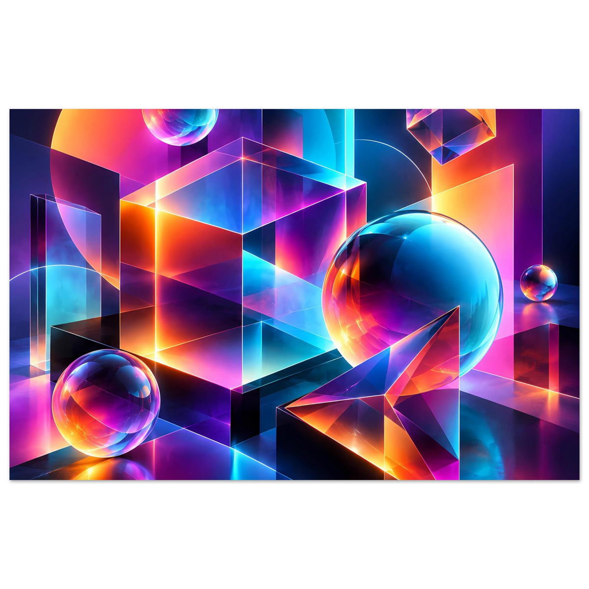 Neon-Geometrie-Poster mit 3D-Würfeln, schimmernden Kugeln und futuristischen Neon-Formen