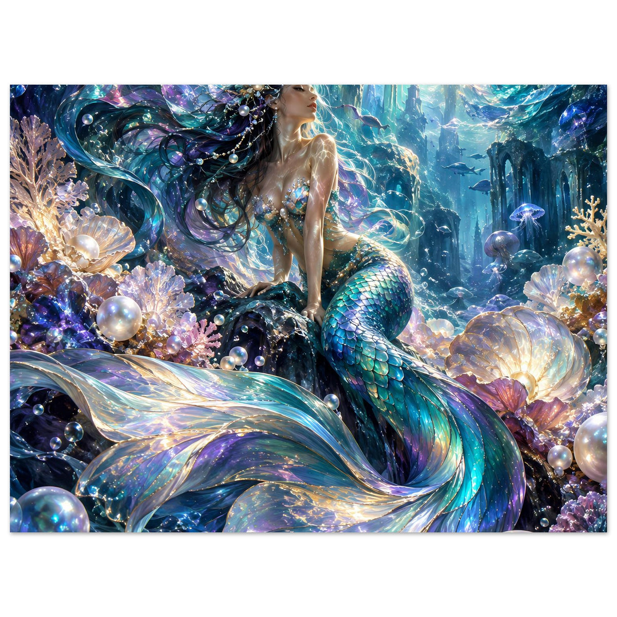 Fantasy-Poster mit Meerjungfrau, großer bunter Flosse, Korallen und Perlen im Meer