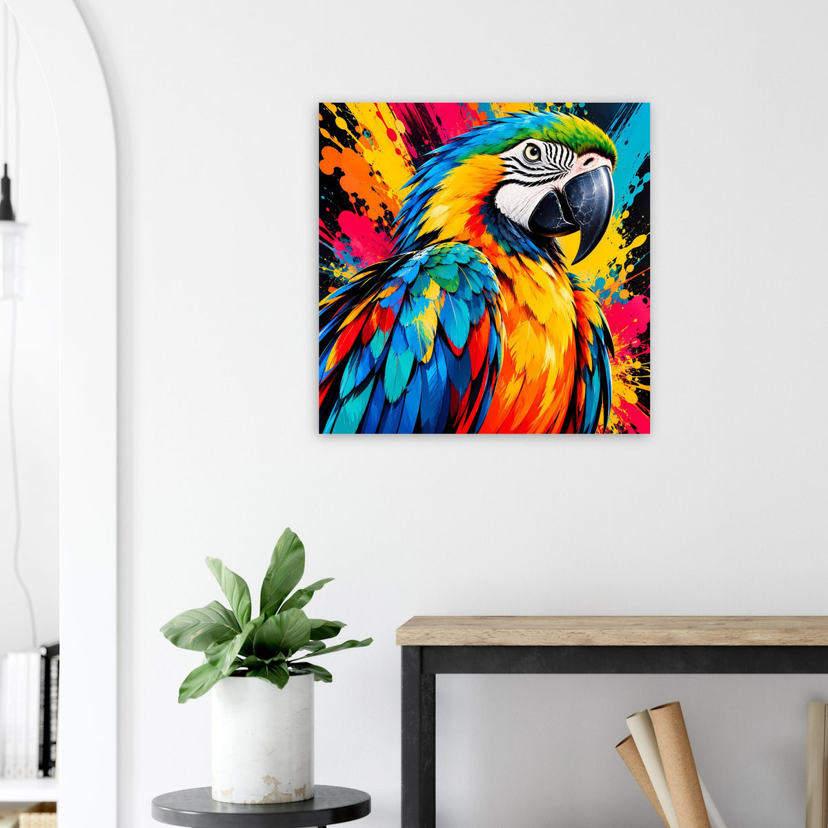 Papageien-Splash-Art-Poster mit seitlichem Blick auf Kopf und Schnabel