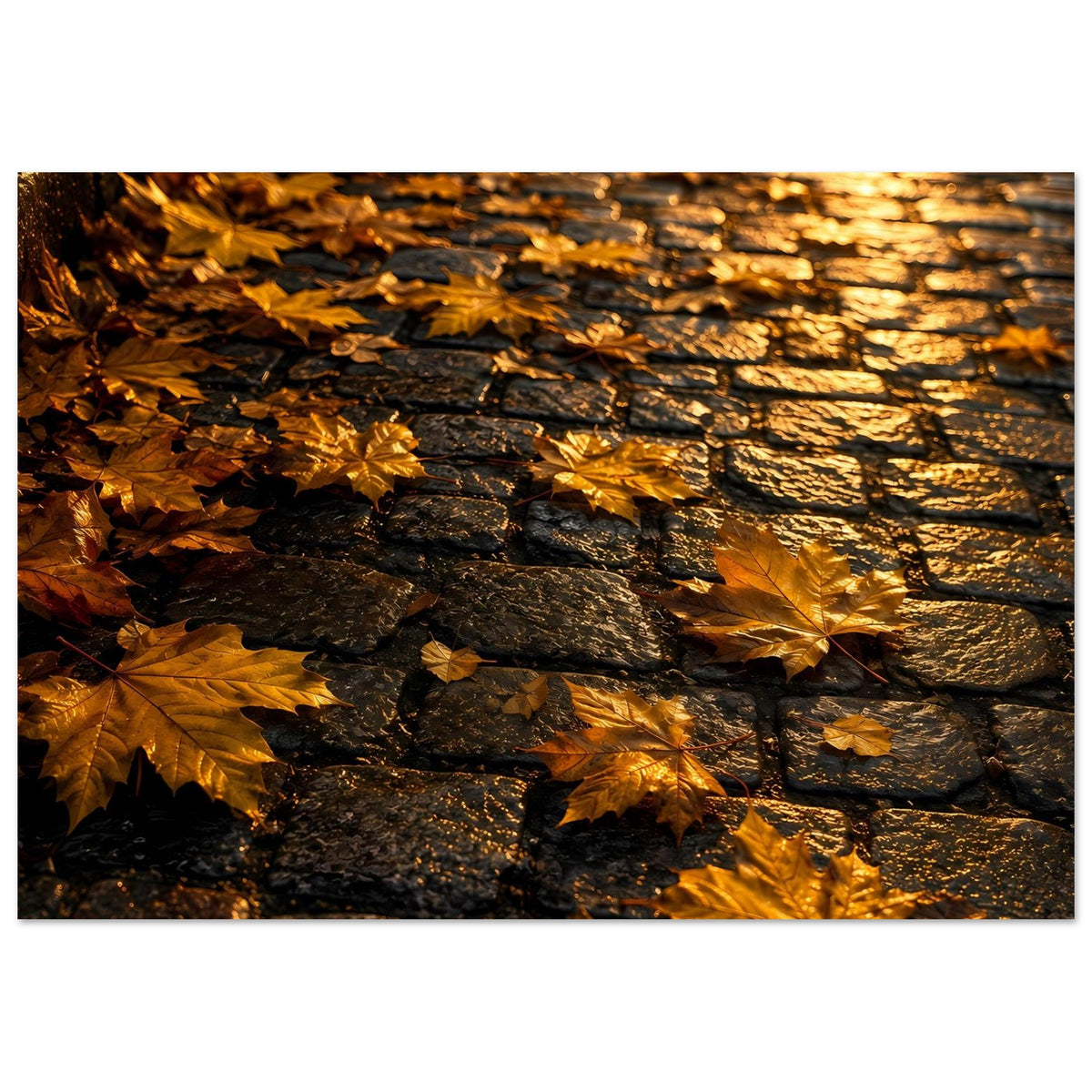 Herbstposter mit goldenen Blättern auf dunklen Ziegelsteinen, horizontal