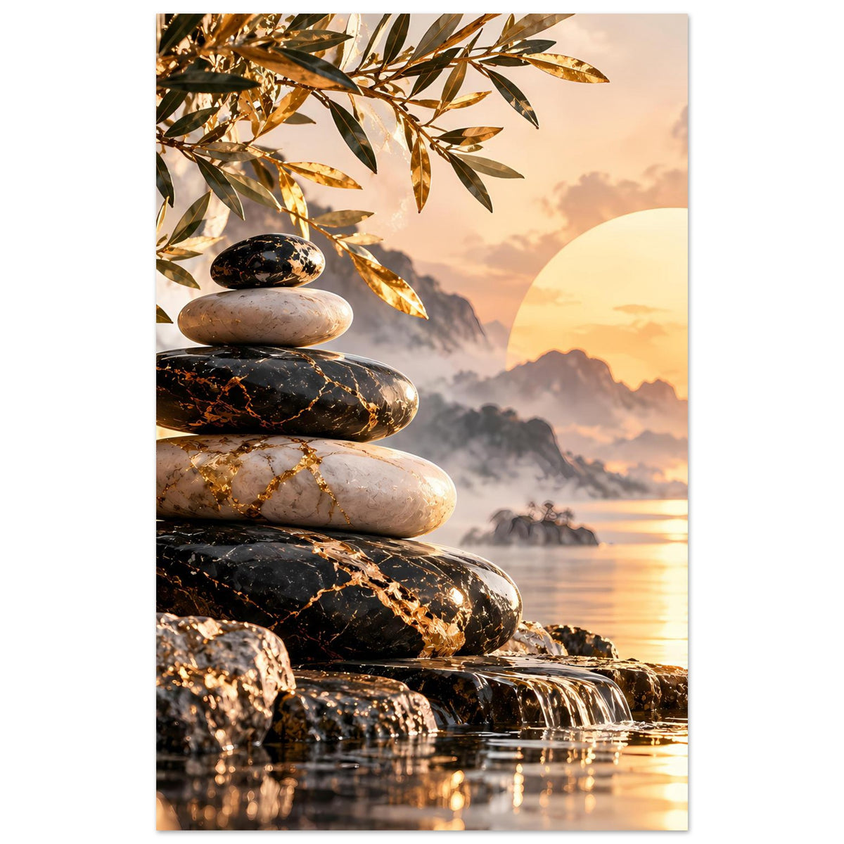 Hochkant-Poster mit Zen-Stein-Stapel, goldenen Blättern und großer Sonne über See