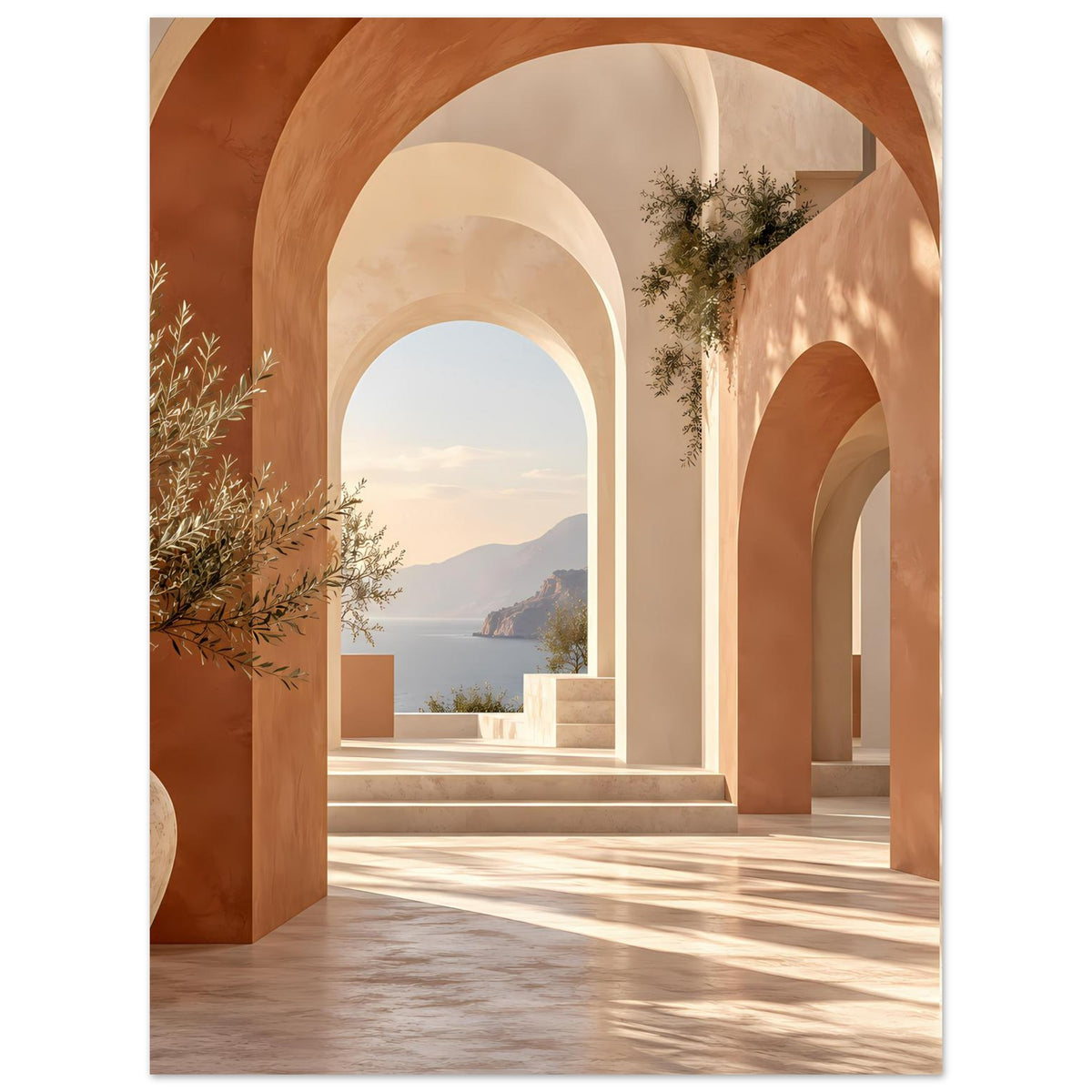 Poster mit mediterranen Rundbögen in warmen Terrakotta- und Beigetönen, Blick durch den Gang.