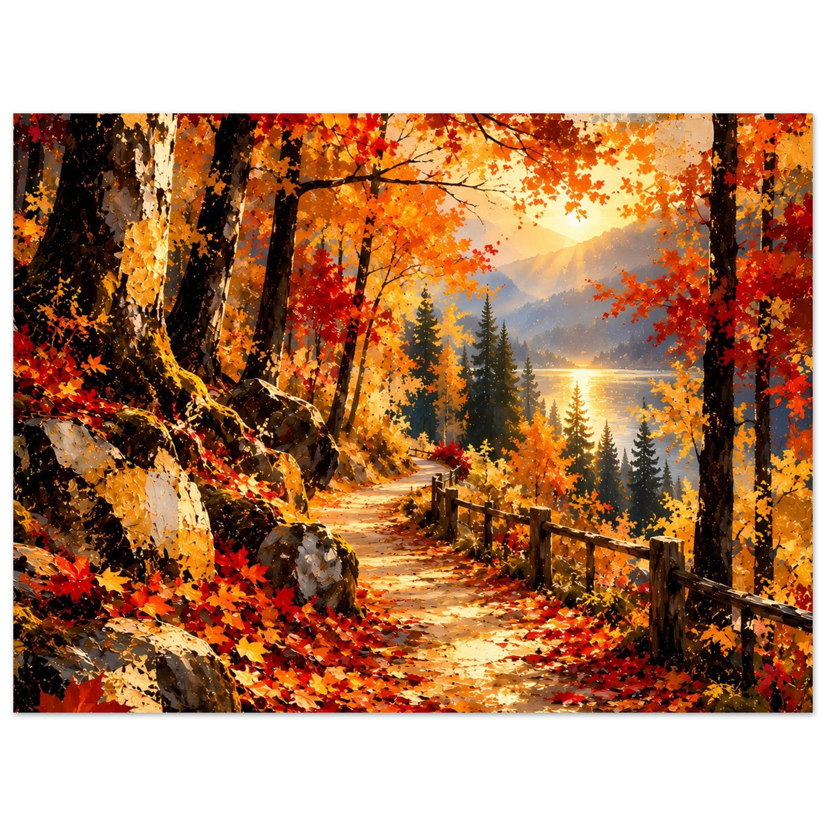 Herbst-Wanderweg-Poster im Hochformat: Waldweg mit Zaun, leuchtendes Herbstlaub und Abendsonne.
