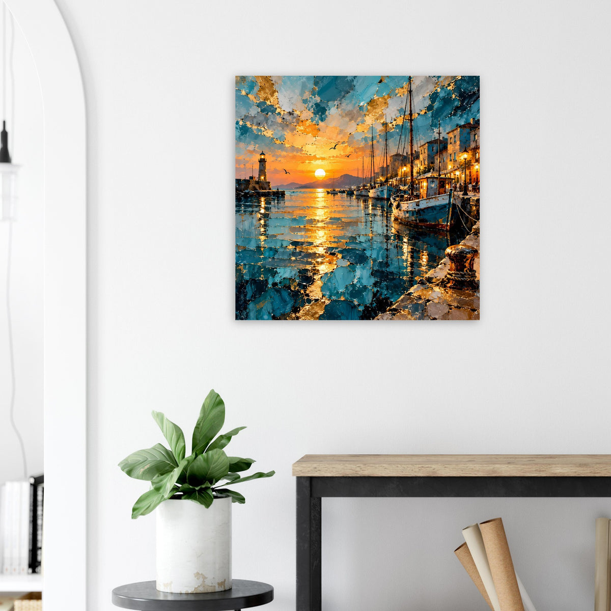 Poster mit Blick auf den Hafen bei Sonnenuntergang, Wasser mit goldenen Reflexen und Stegen