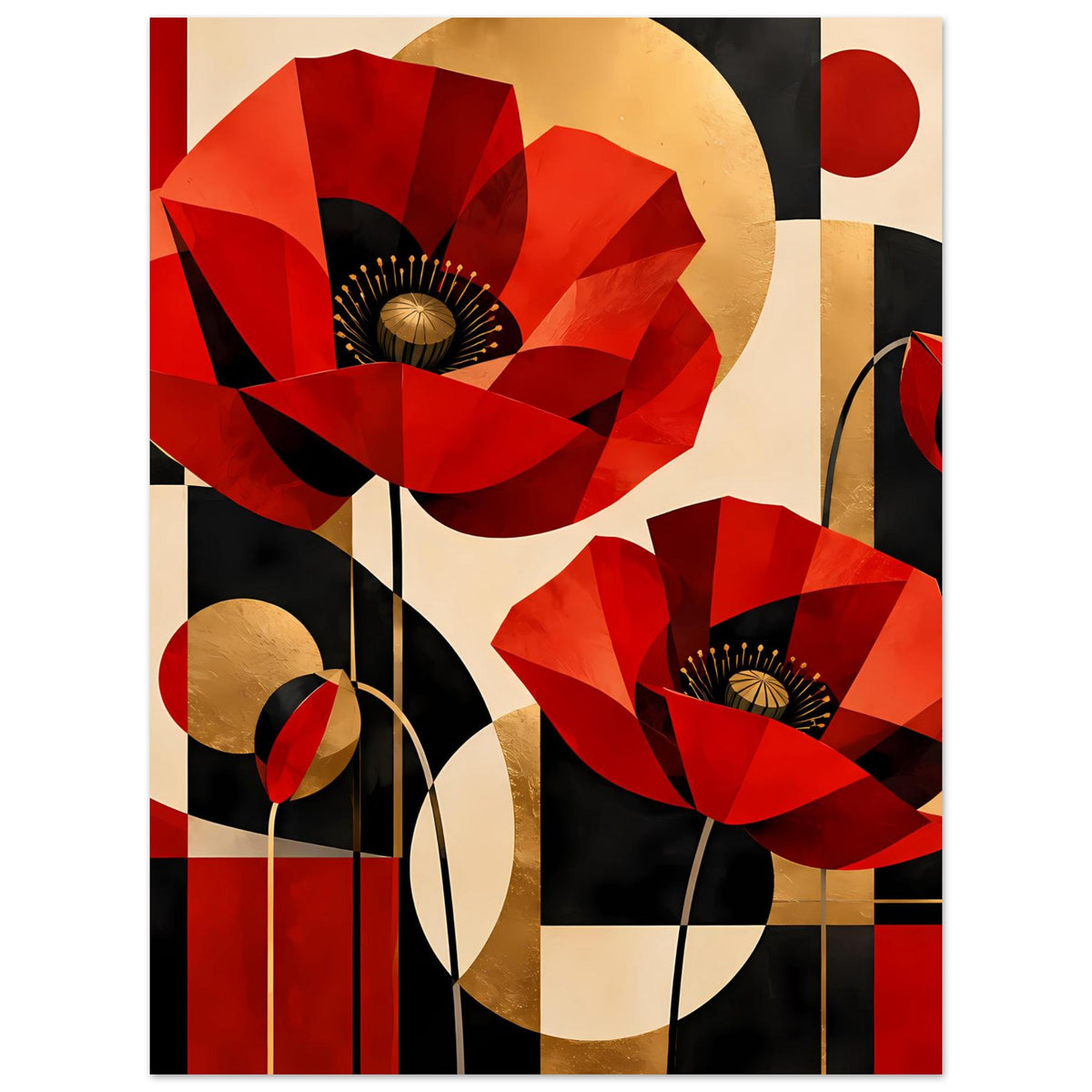 Kunstposter mit roten Mohnblumen, gold-gelben Akzenten, schwarzen Konturen und Rankenlinien.
