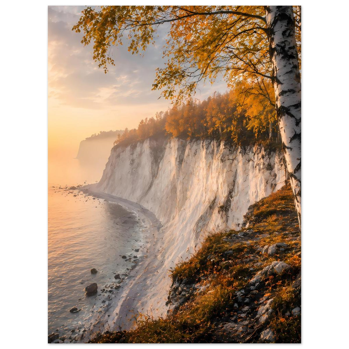 Poster mit Felsklippe am Meer und Birken im Herbst, Sonnenuntergang