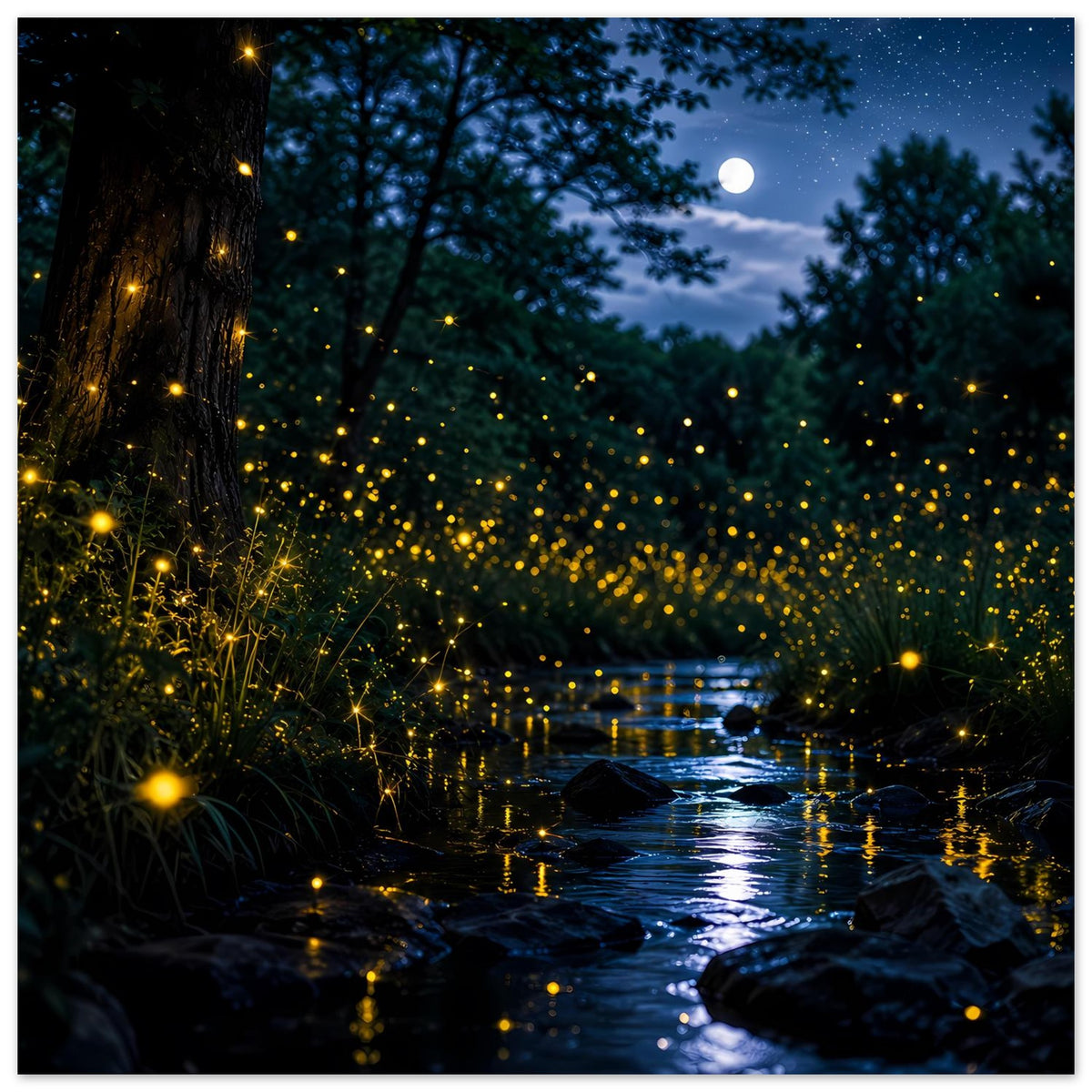 Leuchtposter mit Wasserlauf bei Nacht, gelben Glühwürmchenlichtern und Mond im Hintergrund