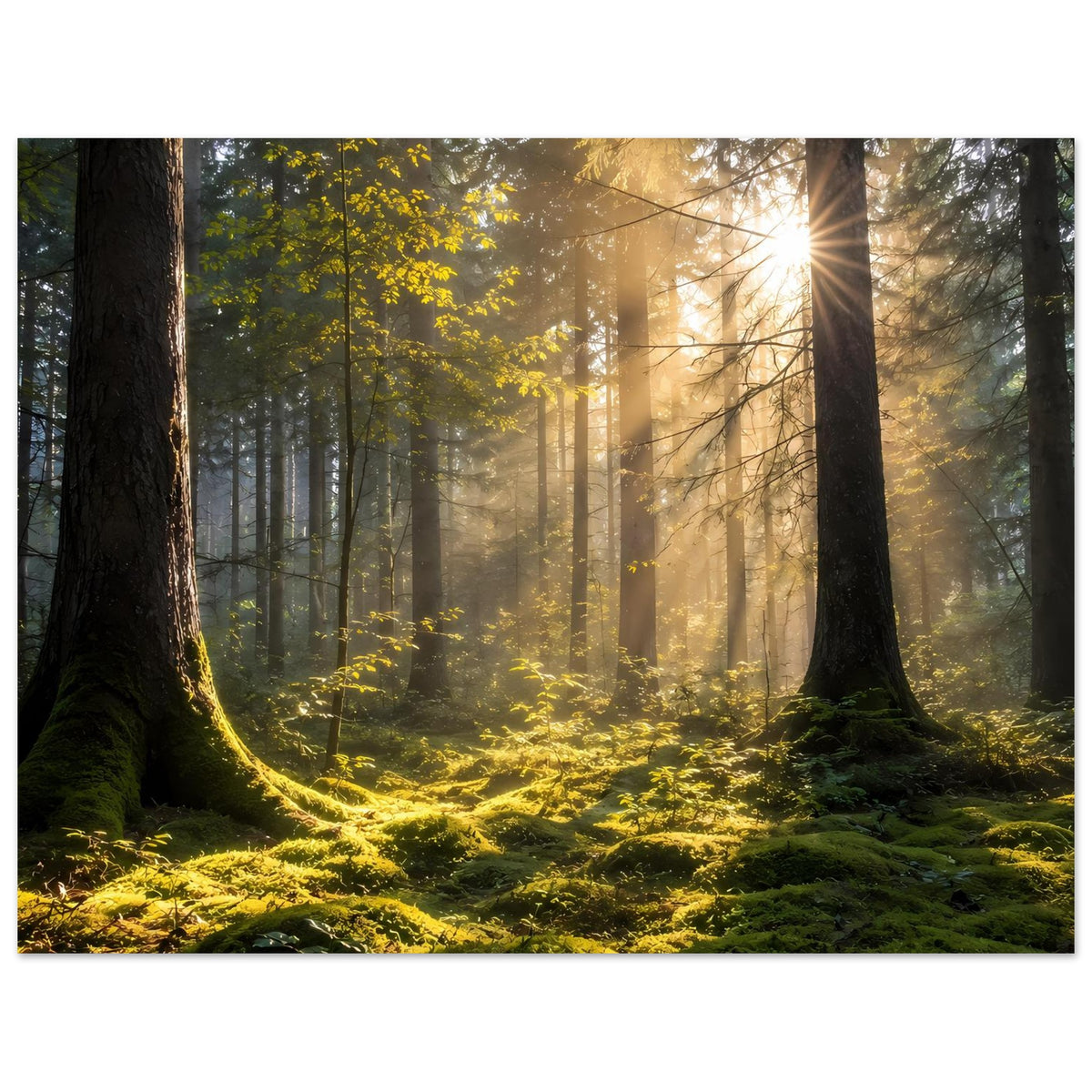 Wald-Poster, horizontal: hohe Baumstämme, warme Strahlen nach vorn, Moos im Vordergrund