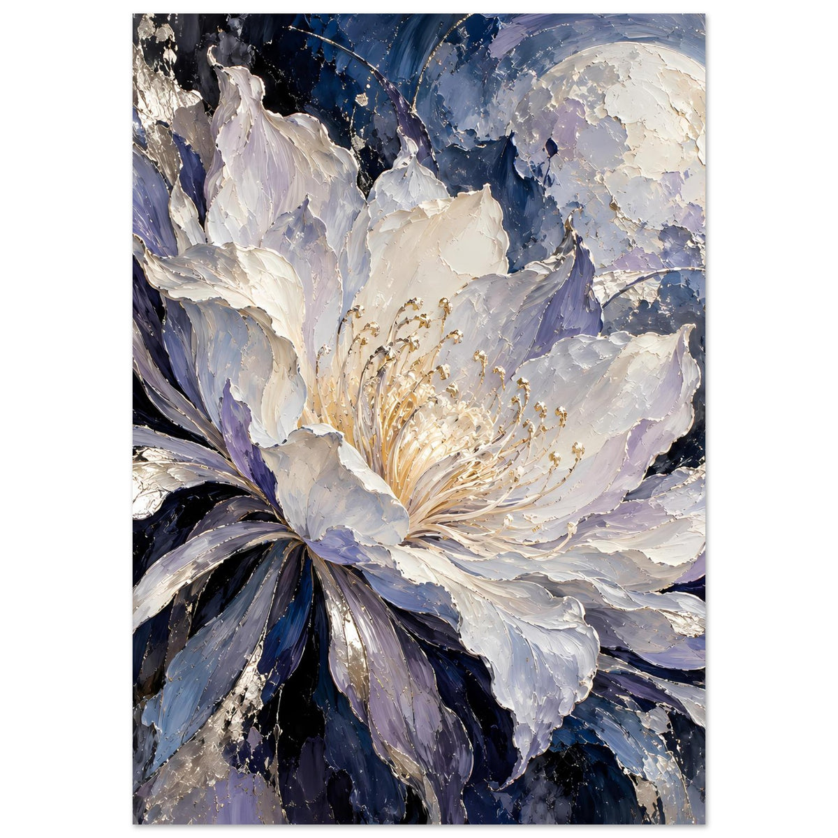 Hochformat-Poster mit abstrakter Blüte: weiße Blütenblätter, violettblaue Farbtöne, goldene Staubfäden