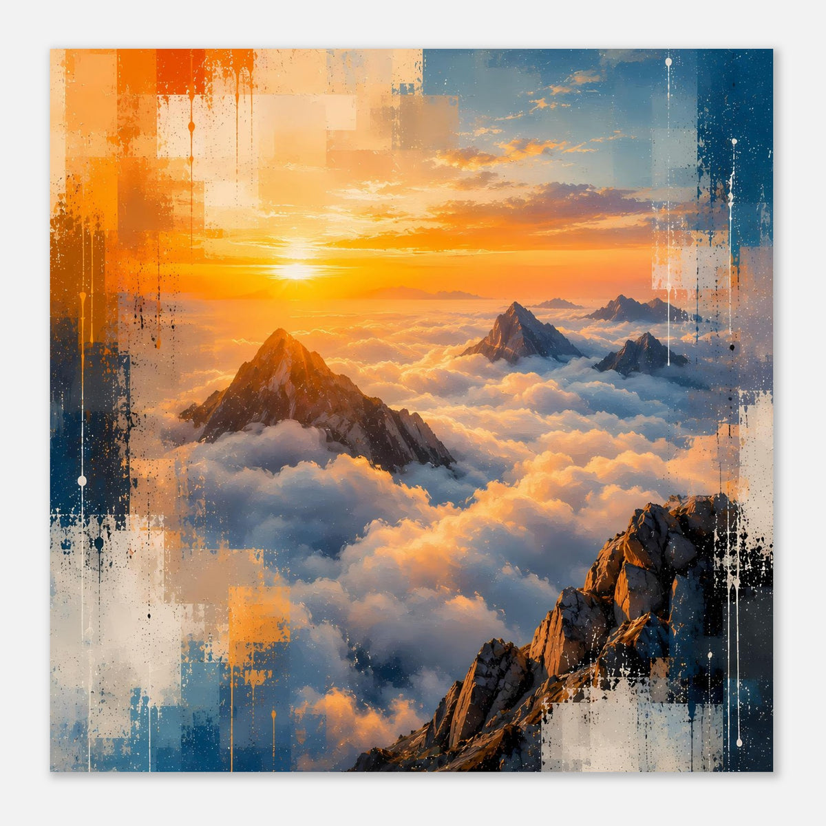 Naturposter mit goldenem Sonnenhorizont, Berge im Vordergrund und Wolken im Hintergrund