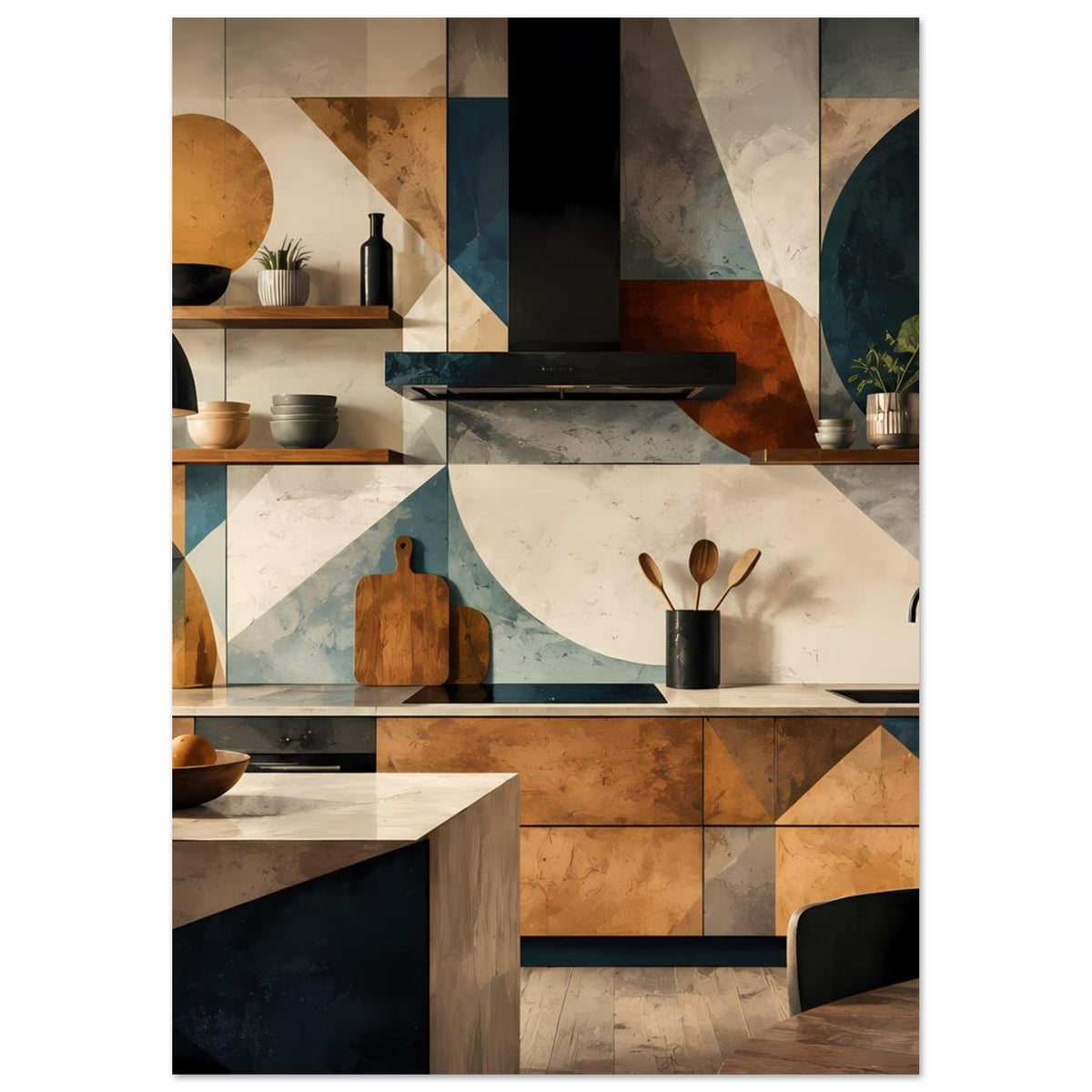Geometrisches Küchenkunst-Poster mit Küchenzeile, Herd und geometrischen Wandflächen