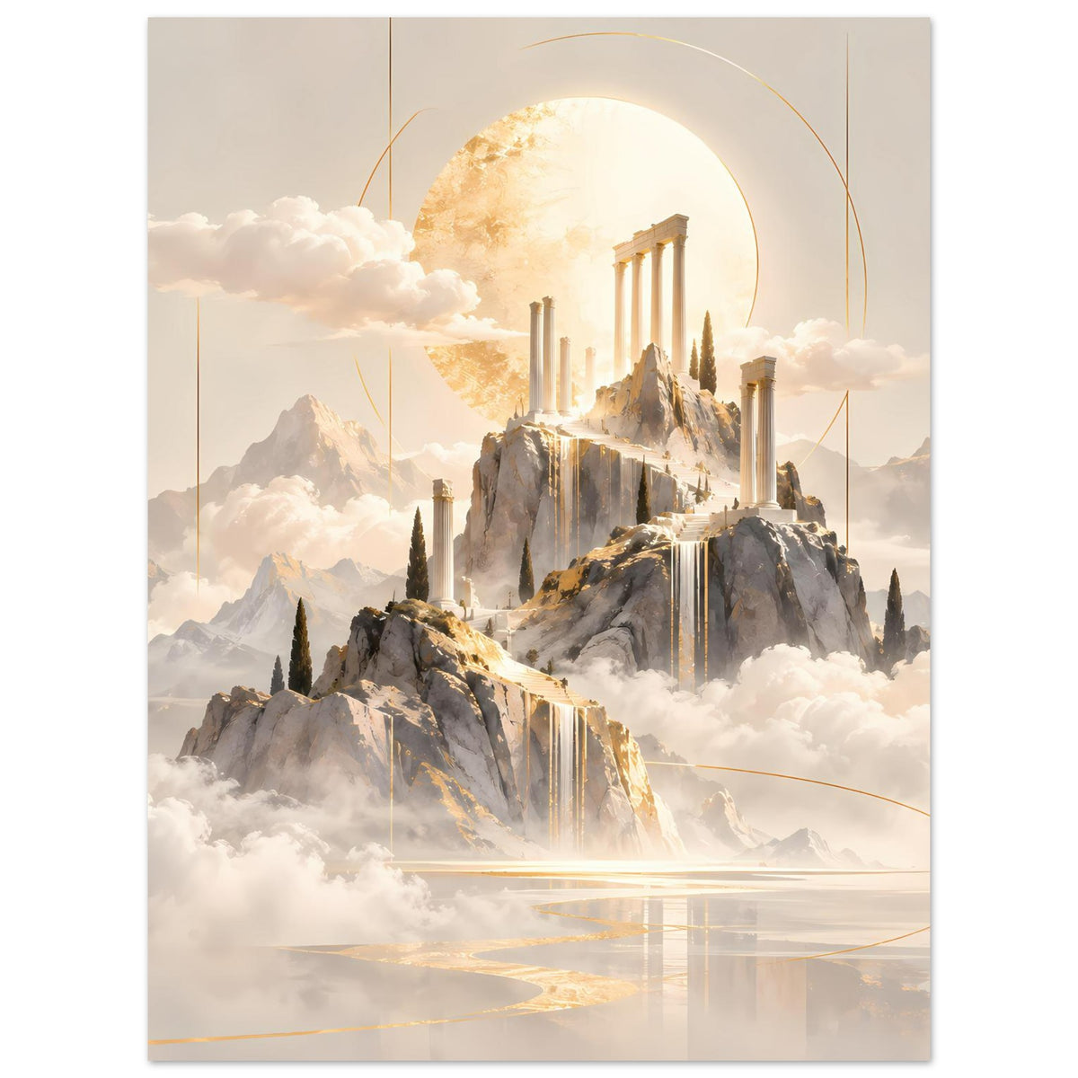 Poster mit goldenem Tempelmotiv, Berglandschaft und Sonnenkreis, auf mattem Premiumpapier