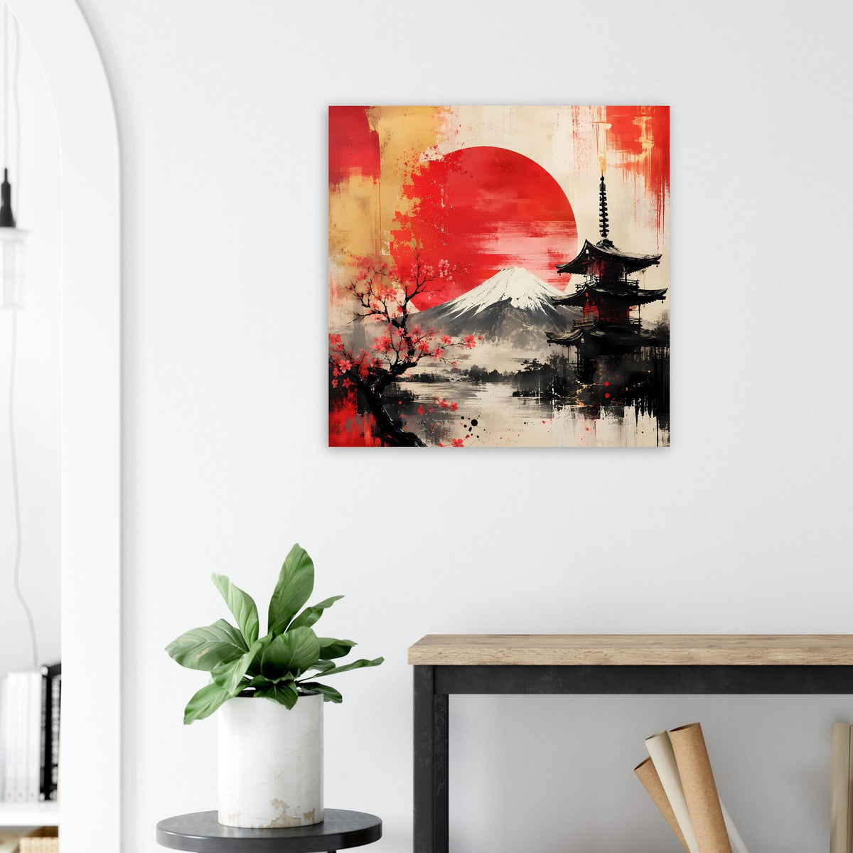 Japanisches Poster mit roter Sonne, Fuji und Pagode sowie Kirschblüten, abstrakt