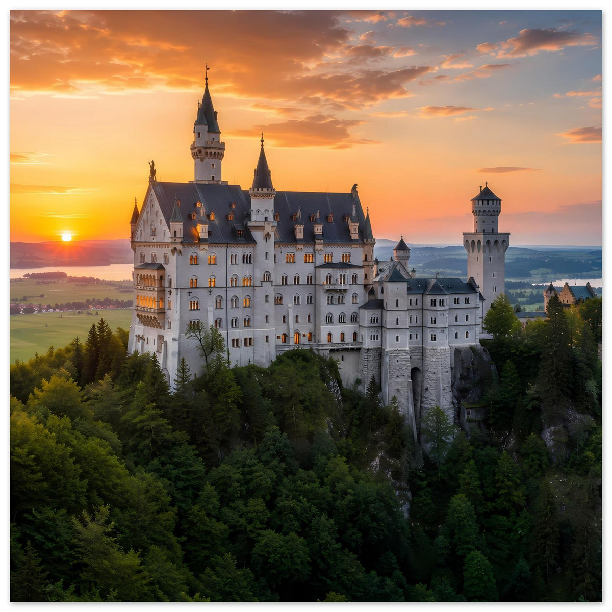 Poster im Querformat: Schloss mit Türmen, Blick über Baumkronen bei Sonnenuntergang