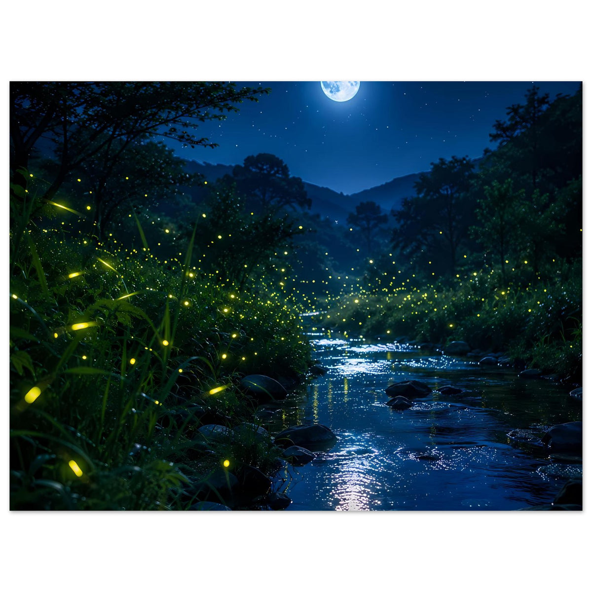 Horizontales Wandposter: Mondschein über Fluss mit leuchtenden Glühwürmchen im Wald
