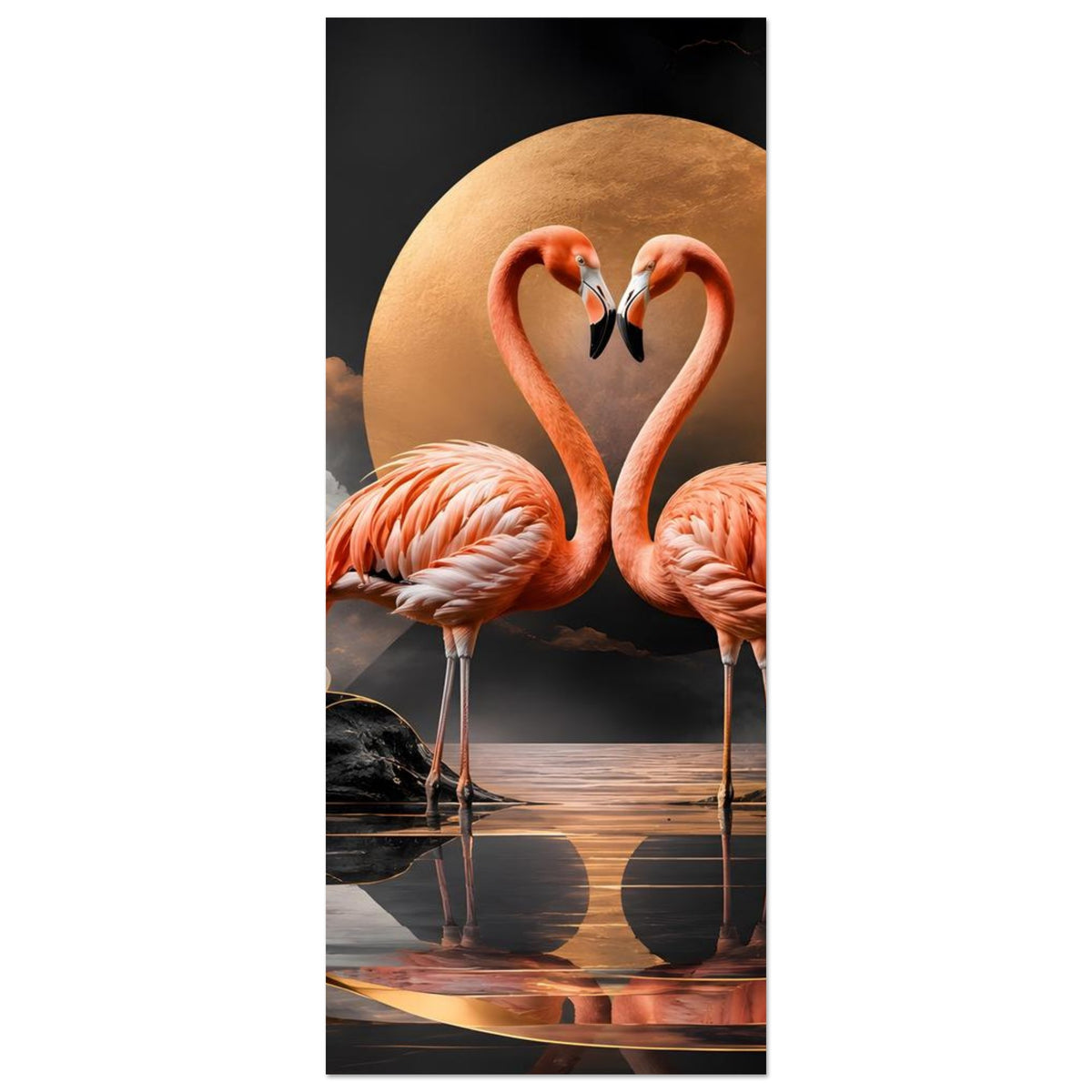 Vertikales Flamingo-Kunstposter: zwei orange Flamingos im Herzmotiv, goldener Kreis, schwarz