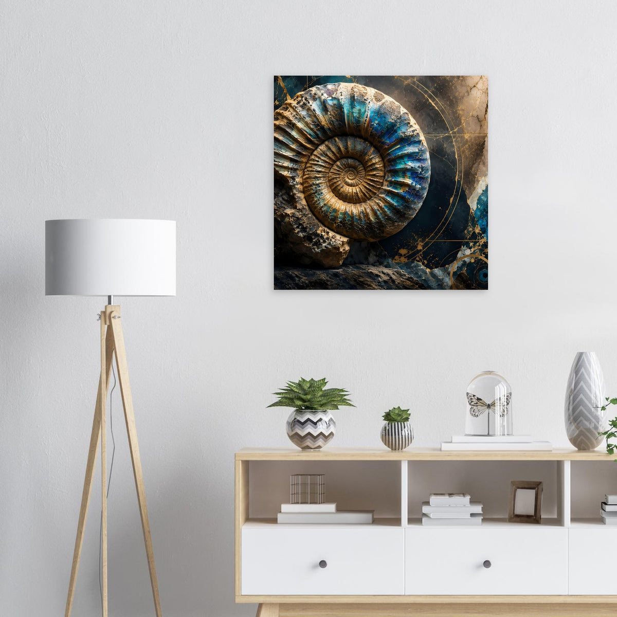 Kunstposter an der Wand: Ammonit-Fossil in Petrol und Gold, goldene Kreise und Spirale