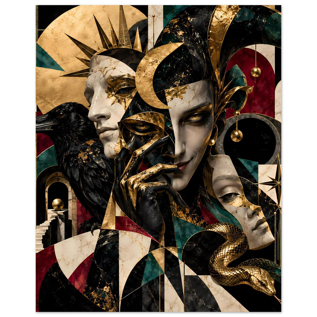 Kunstposter mit Gesichtern im Maskenstil, goldenem Schmuck und Schlangenmotiv, dunkle Farbflächen