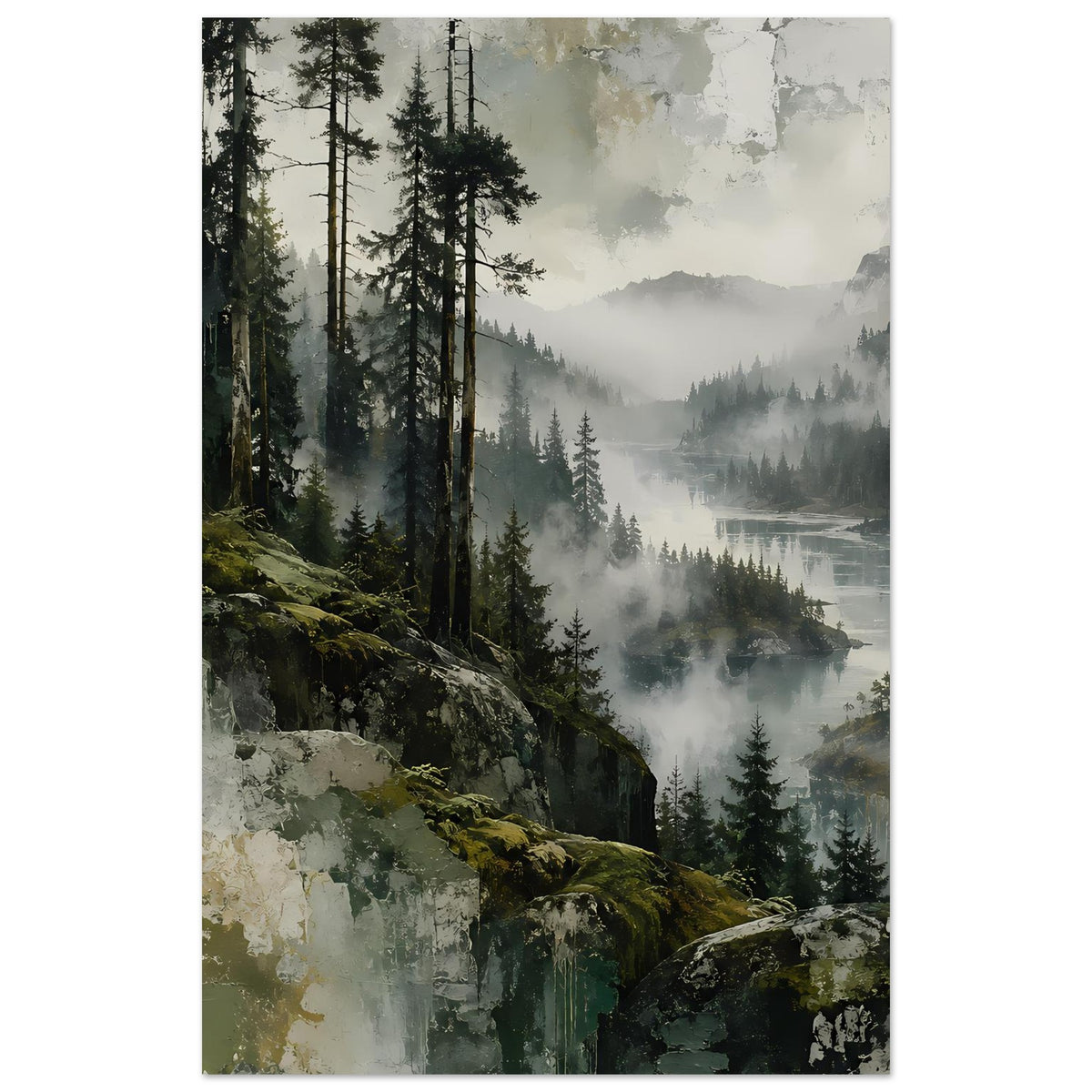 Landschaftsposter mit Waldhang und Nebel über Fluss, mattes Premiumpapier