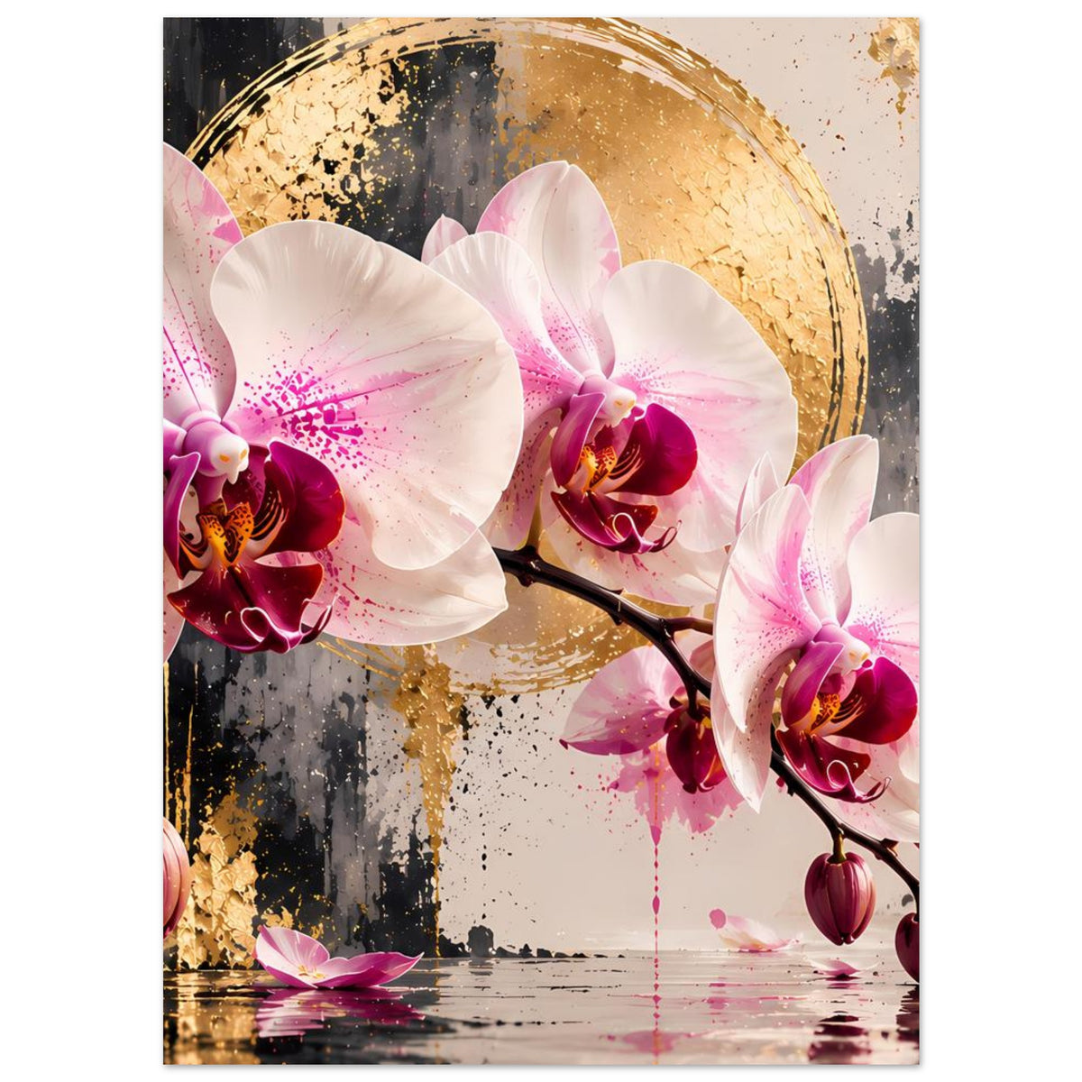 Orchideen-Poster, vertikal: weißrosa Blüten auf Zweig, goldener Halbmond und Reflexionseffekt