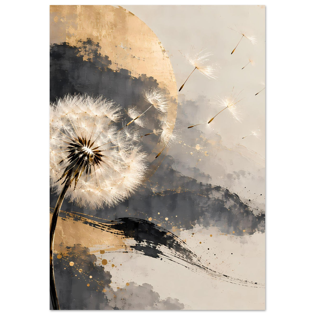 Hochformatiges Kunstposter mit Pusteblume-Motiv, Gold-, Grau- und Weißtönen, Pinselstrich-Linien