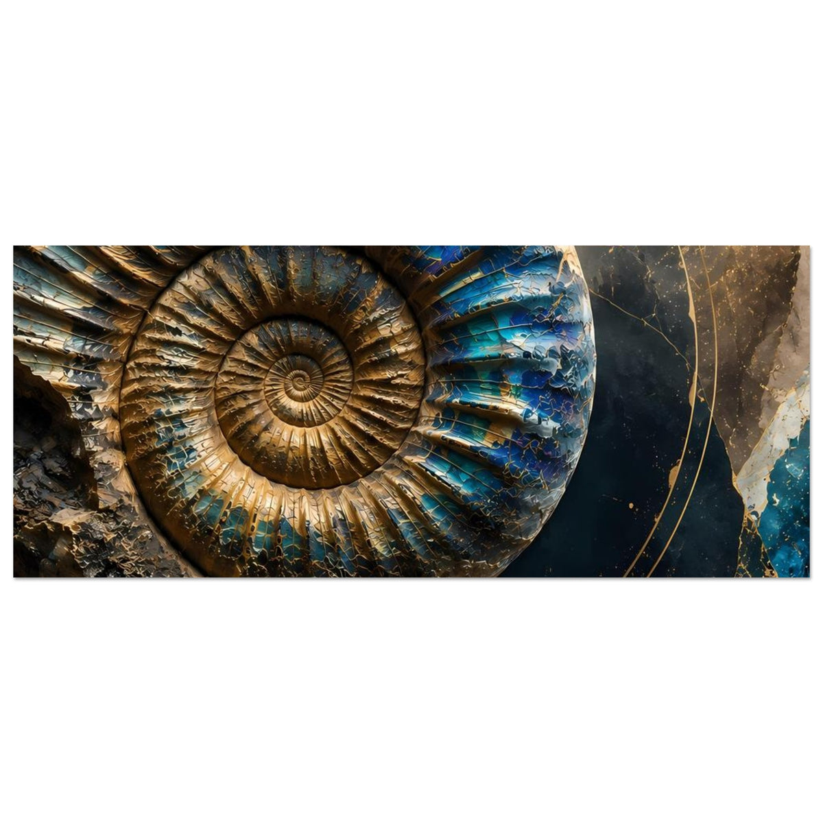 Kunstposter mit Ammonit-Fossil in Petrolblau und Gold, horizontal, Blick auf Spiralmitte