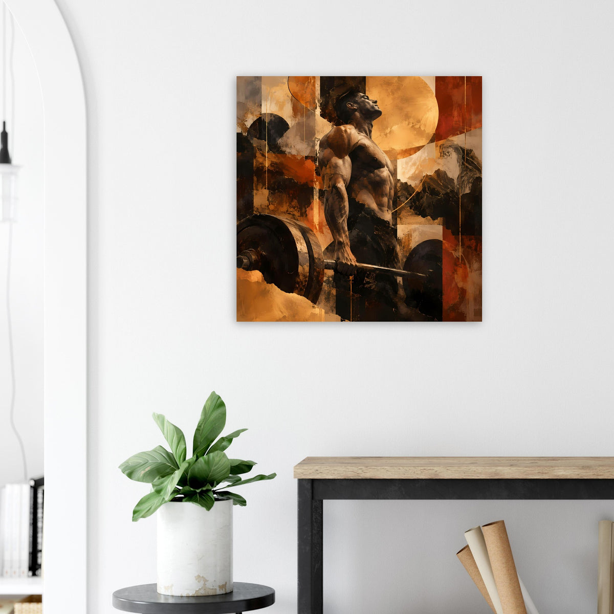 Fitnesskunst-Poster mit athletischer Figur auf Hantelstange, warmes Sepia- und Erdton-Design