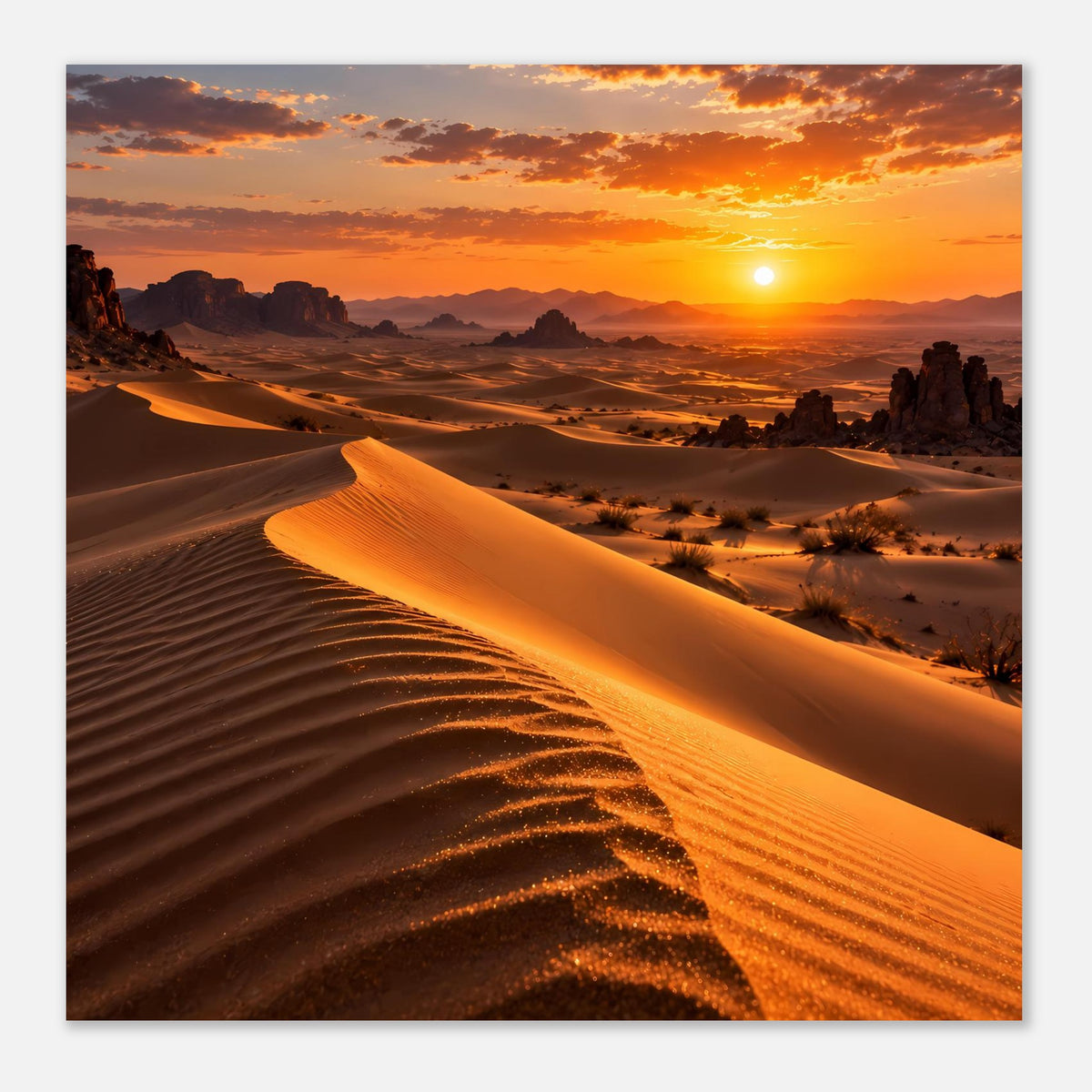 Quadratisches Poster: Dünenlandschaft mit goldener Sandwelle und orangefarbenem Sonnenuntergang