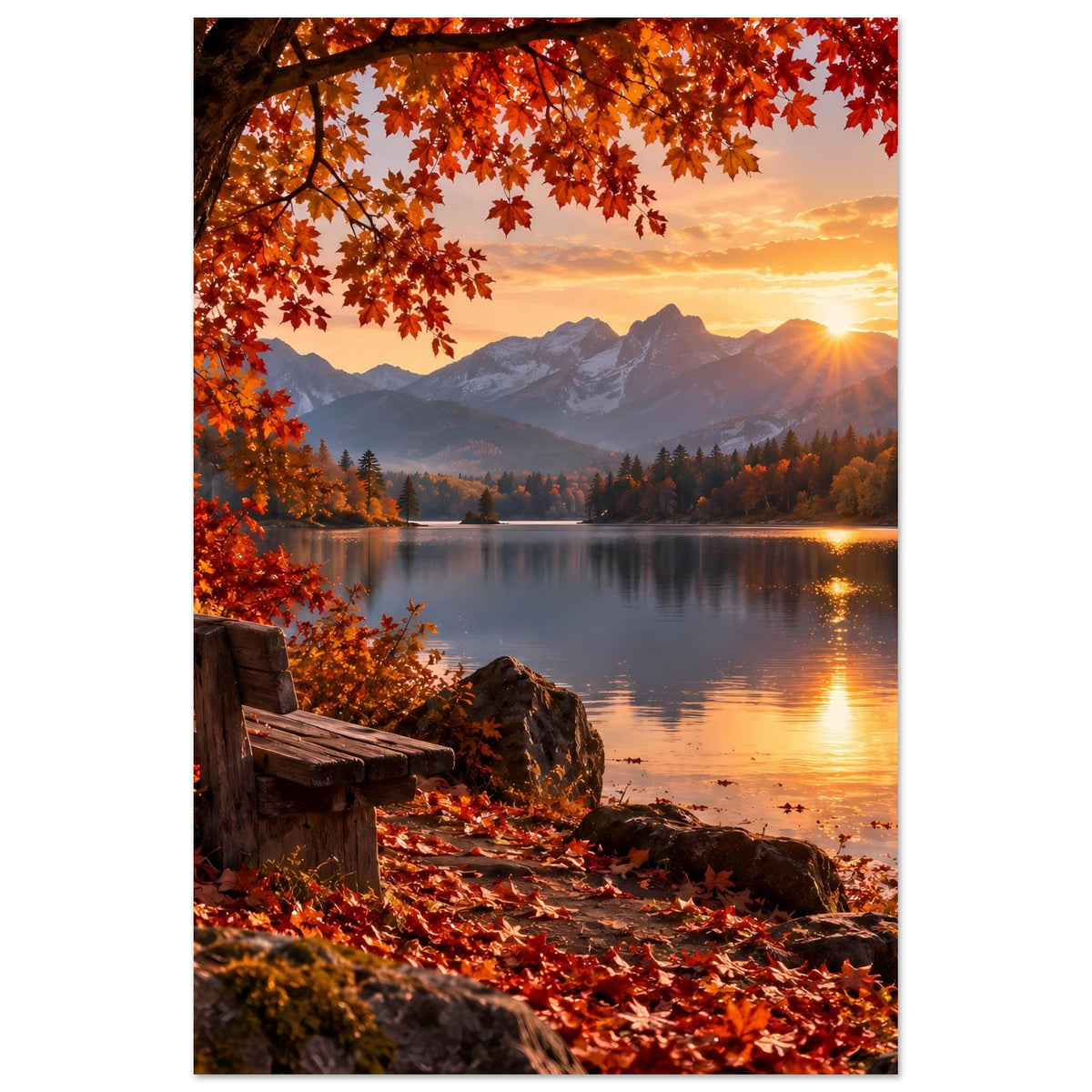 Poster mit Herbstlandschaft: Ufer mit Steinen, Holzgeländer, rote Blätter und Sonne