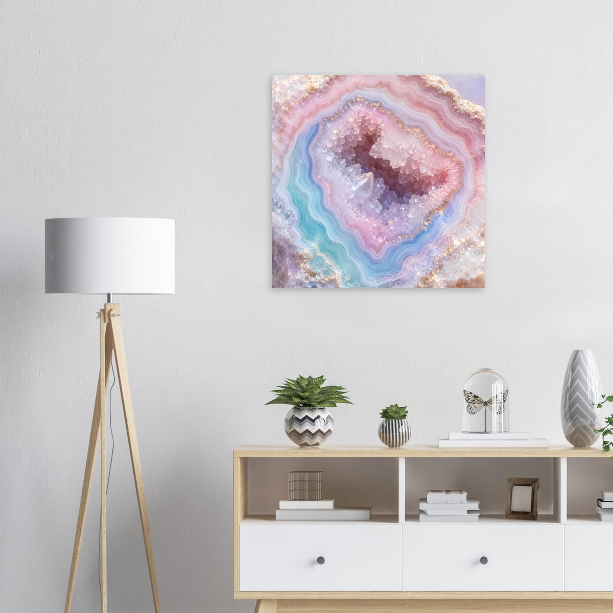 Wandposter mit türkis, rosa und violettem Achatstein-Motiv in quadratischem Rahmen