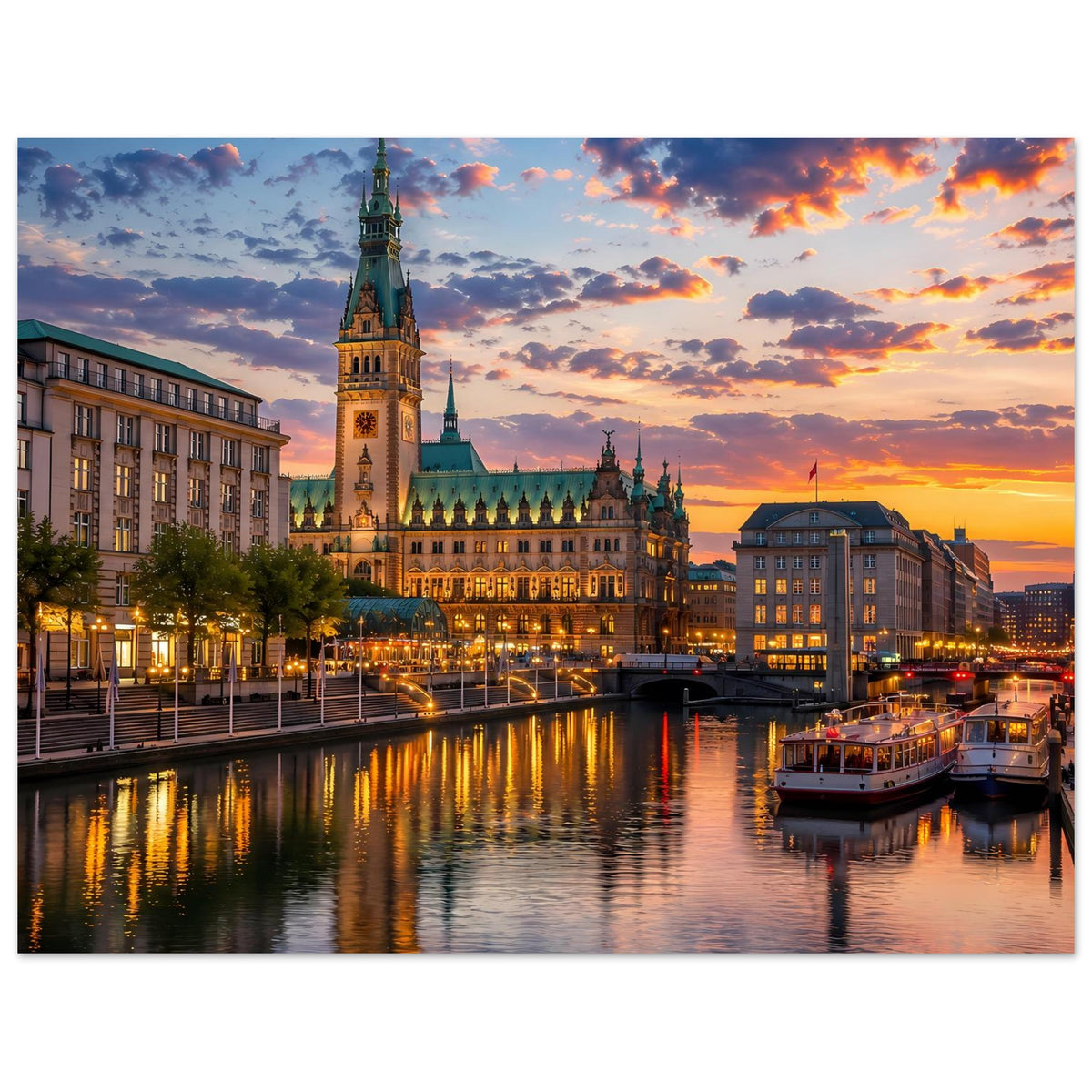 Stadtlandschafts-Poster im Querformat mit Dom, Schiffen am Fluss und warmem Abendlicht