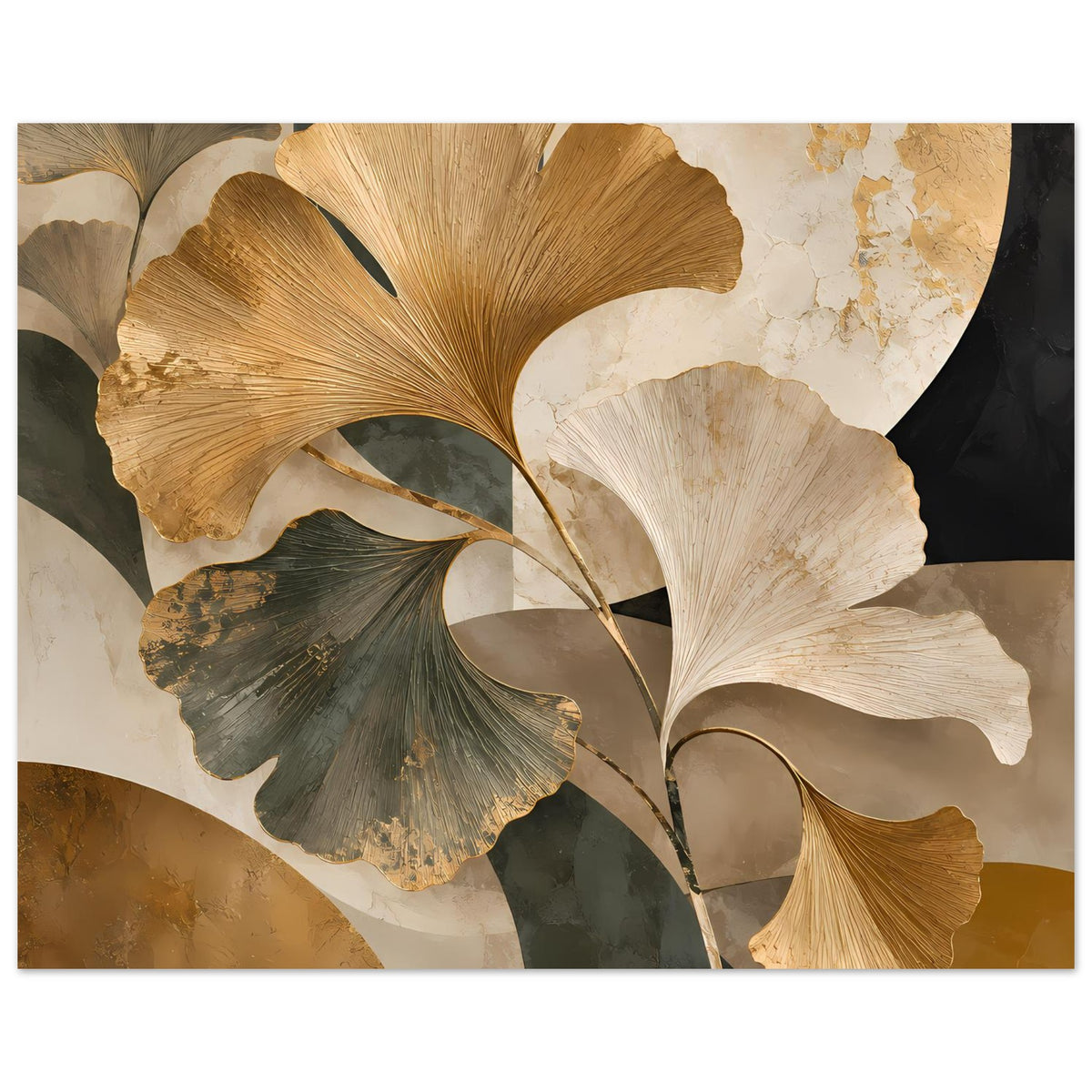 Botanisches Poster mit Ginkgo-Blättern, goldene Blattkrone und cremefarbene Blätter