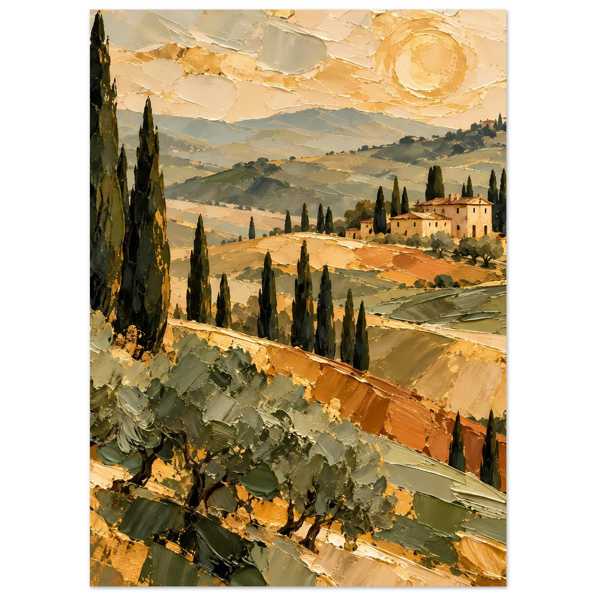 Poster mit Tuskanischer Landschaft: goldener Himmel, Hügel und Zypressen vor Landhaus