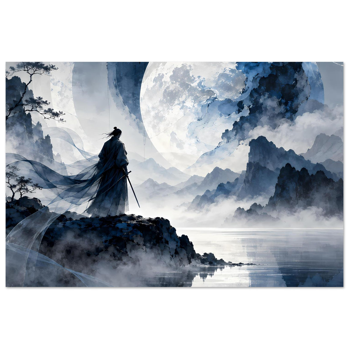 Mattes Poster, horizontales Motiv: Samurai vor Mond über Bergen, bläuliche Wolken und spiegelndes Wasser.