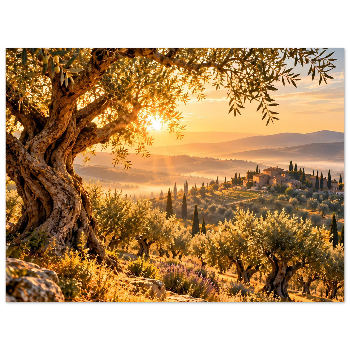 Landschaftsposter mit Olivenbaum, goldenem Sonnenaufgang über Hügeln und Zypressen