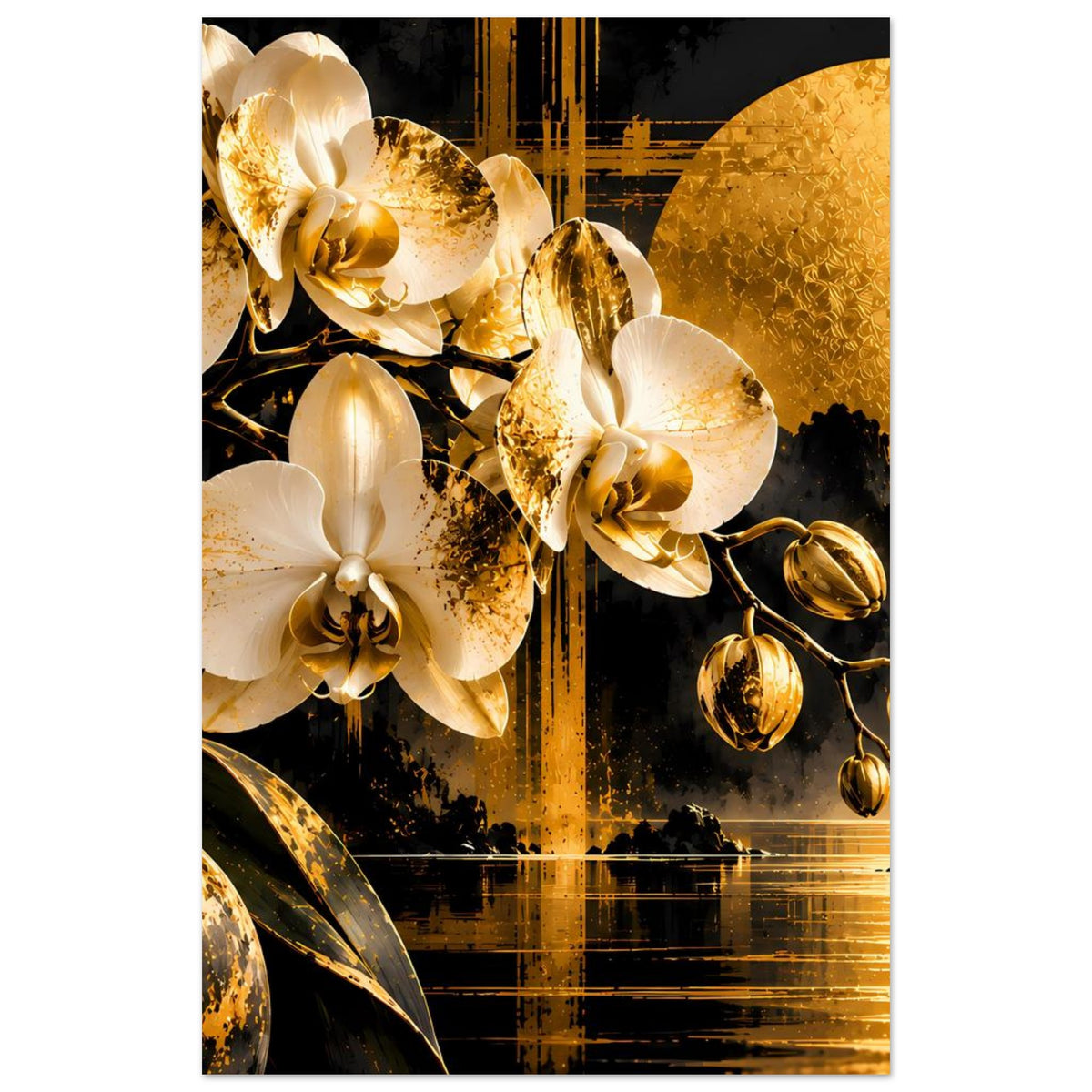 Orchideen-Wandposter, seitlich zugeschnitten: weiße Orchideen und goldene Linien.