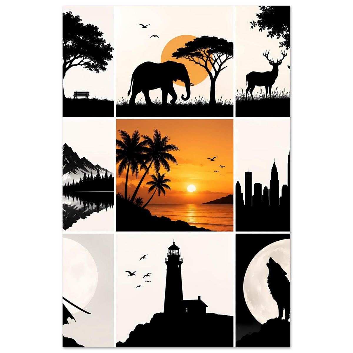 Kunstposter mit Silhouetten-Collage: Elefant, Rehe, Hirsch, Berge, Palmenmeer, Leuchtturm, Stadt, Wolf