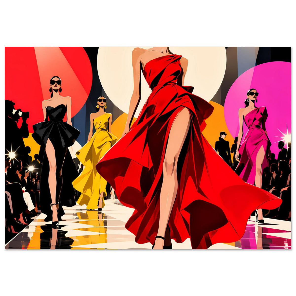 Pop-Art-Fashionposter: rotes Abendkleid mit weitem Rock, Model mit Sonnenbrille