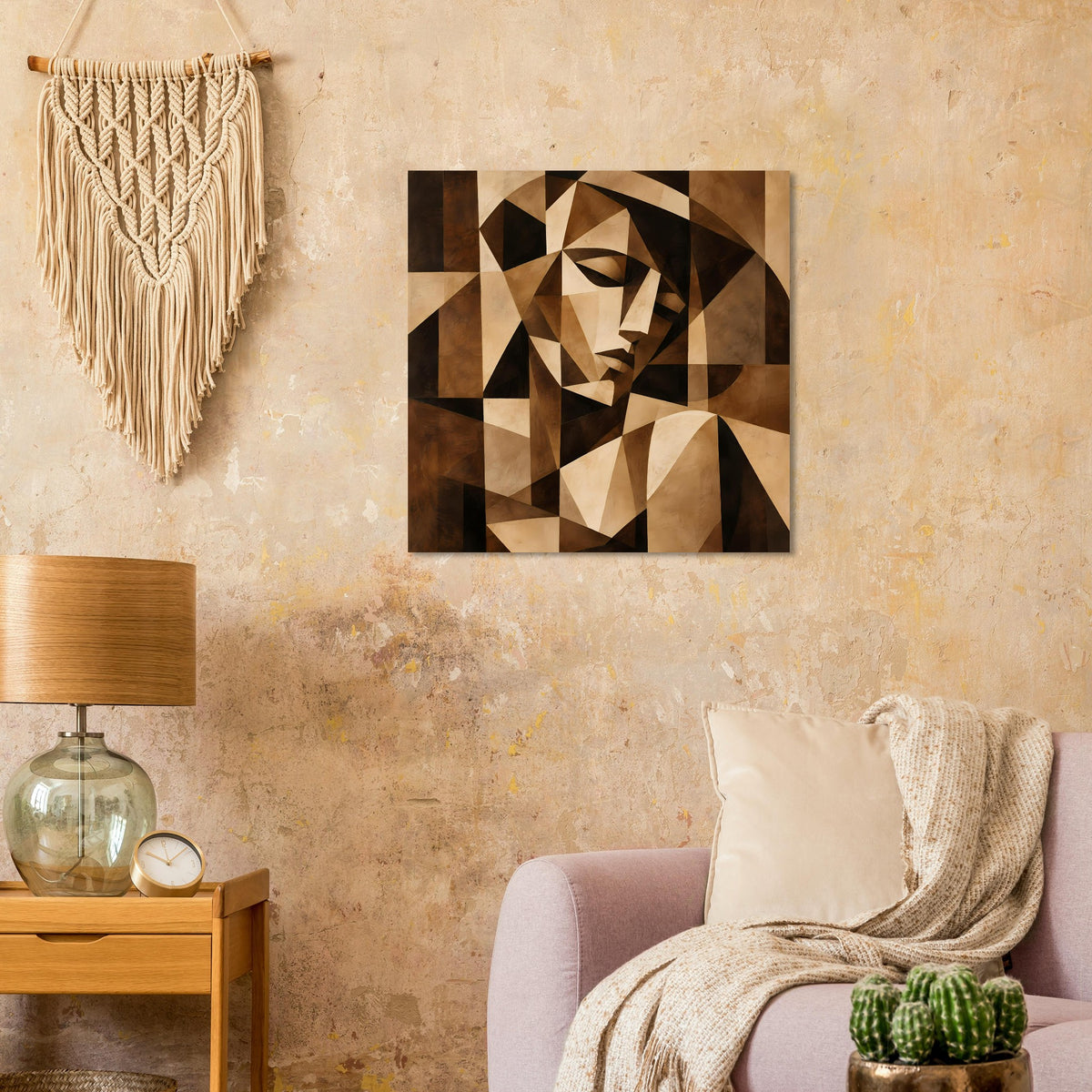 Kubistisches Kunstposter mit stilisiertem Gesicht aus Polygonen in Braun und Beige