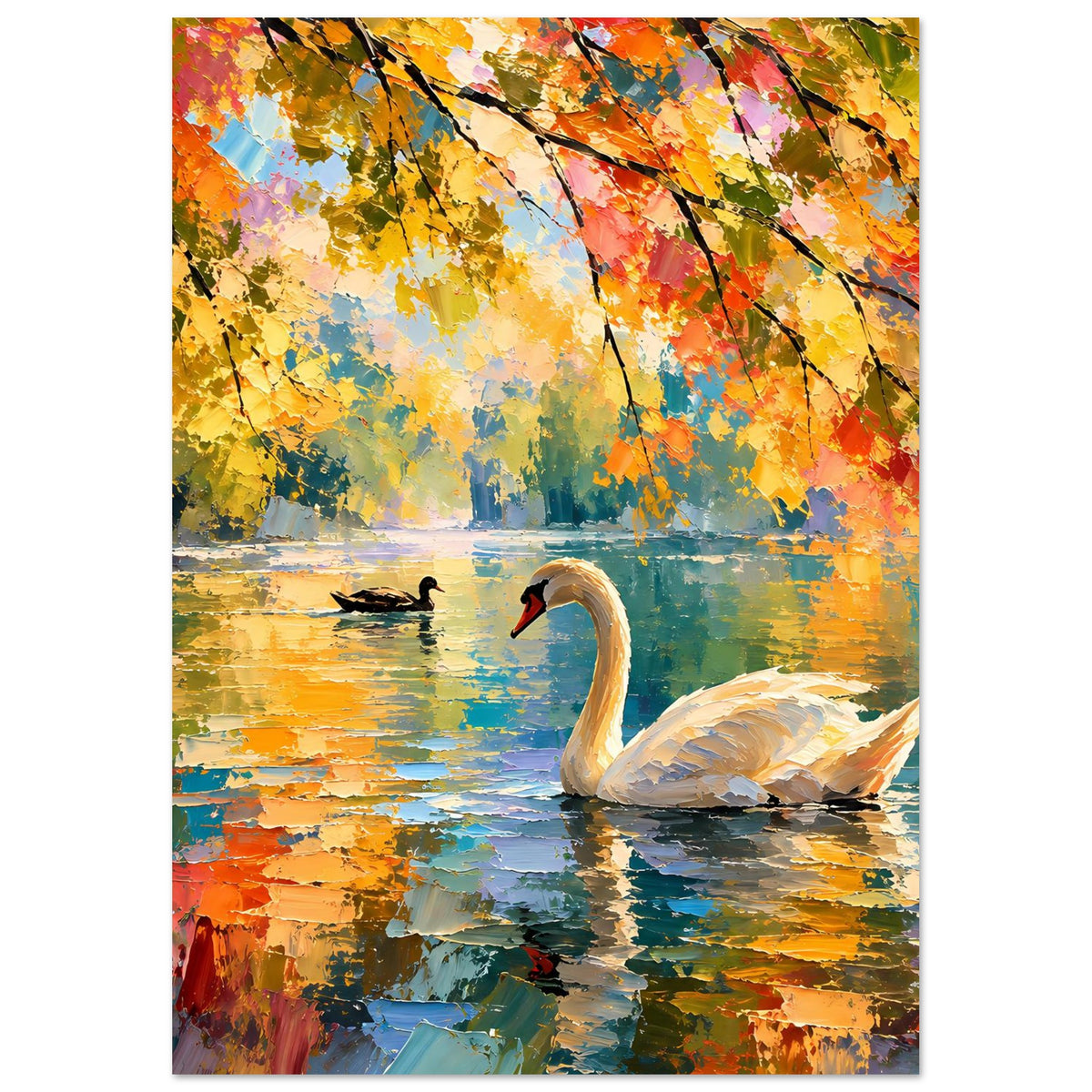 Vertikales Wandposter mit Schwan auf Herbstsee, Entenpaddeln im Wasser, orange-gelbes Laub