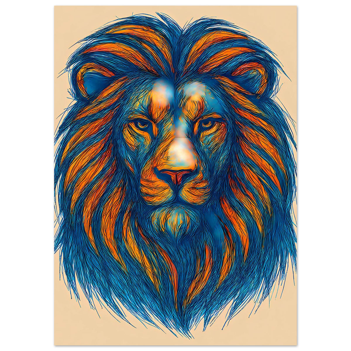 Löwen-Pop-Art-Poster: blauer Löwenkopf mit orangefarbenem Fell und leuchtenden Farbflecken