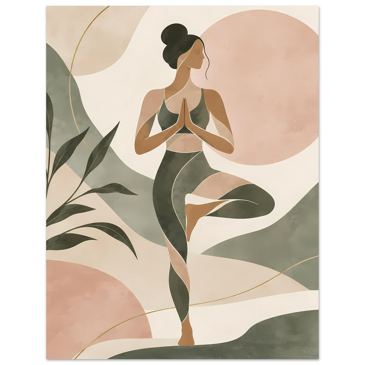 Zen-Balance-Poster mit abstrakter Yoga-Figur in Salbeigrün und Rosé