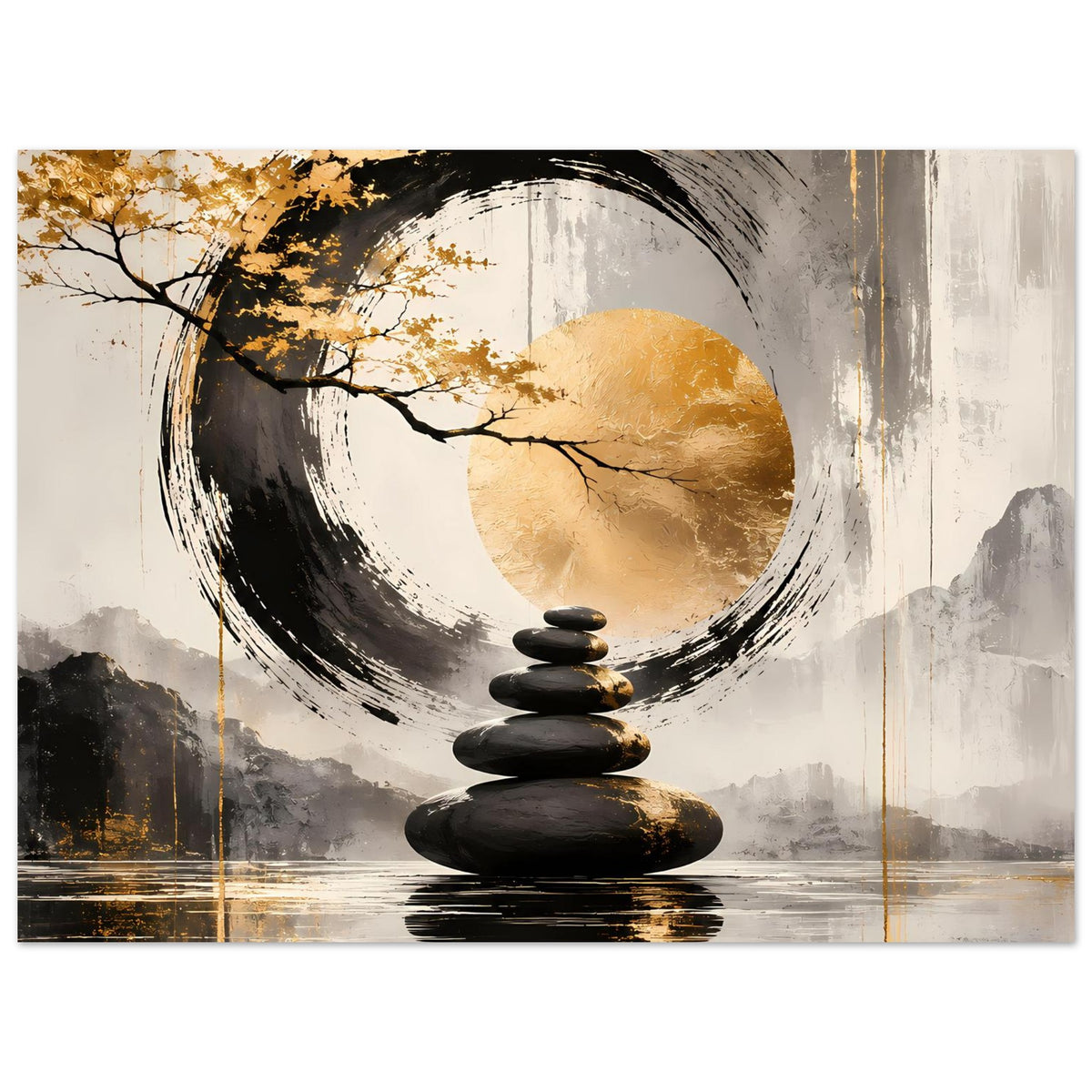 Zen-Artposter im Querformat mit Steinstapel, Kreisbild, Baumzweigen und Goldlinien unten