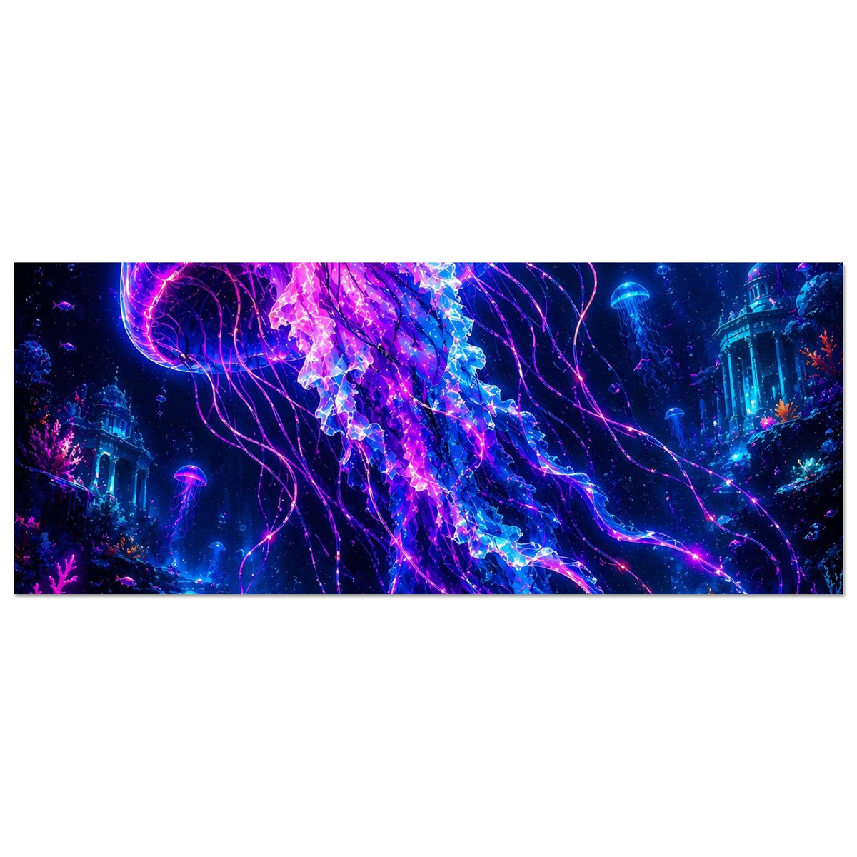 Leuchtendes Quallenposter im Querformat: violette und blaue Lichttentakeln