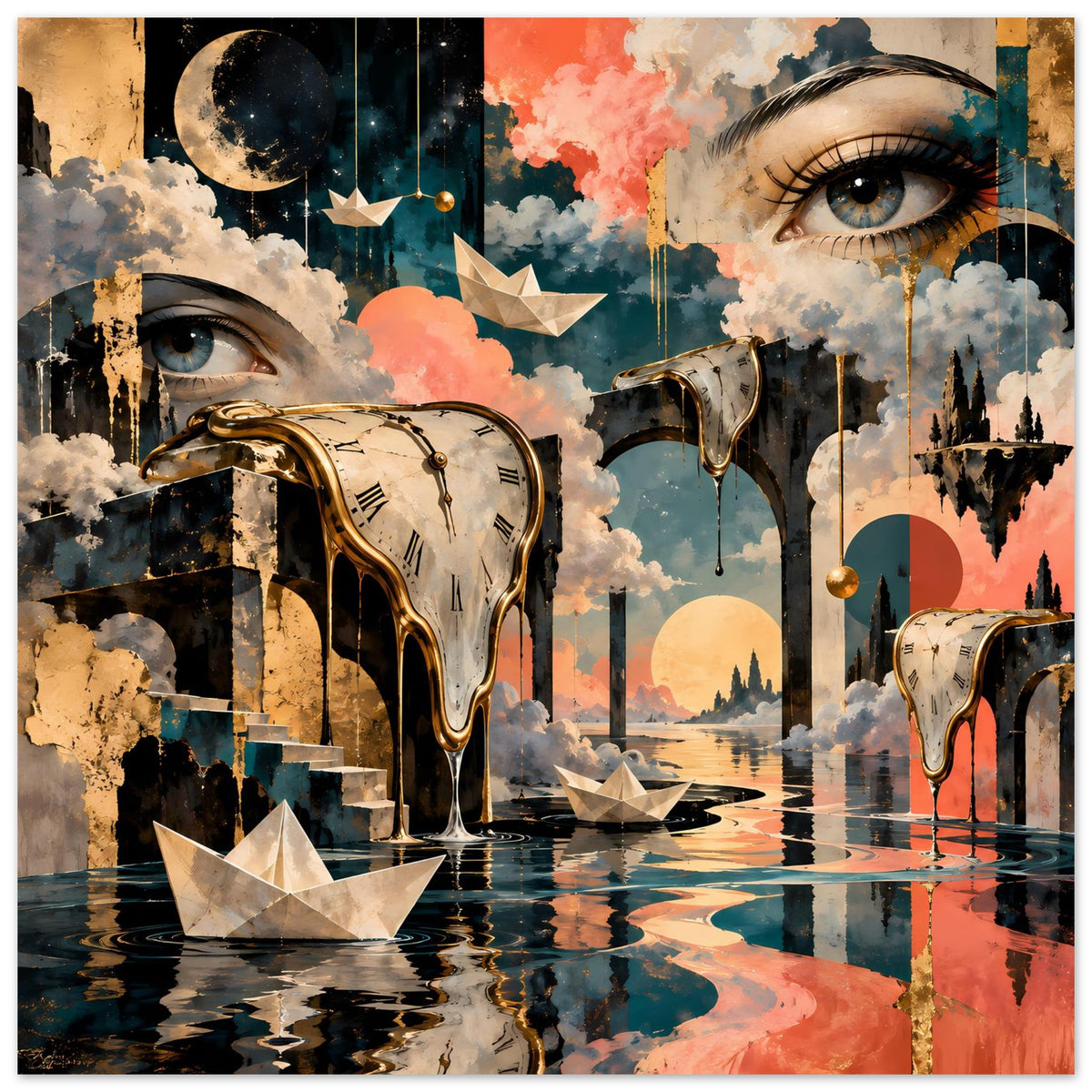 Poster mit surrealer Uhrenschmelze: goldene Taschenuhr, Augen in Wolkenlandschaft