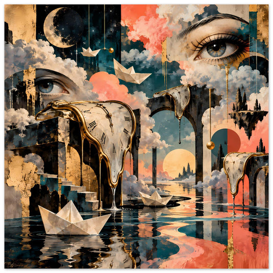 Poster mit surrealer Uhrenschmelze: goldene Taschenuhr, Augen in Wolkenlandschaft