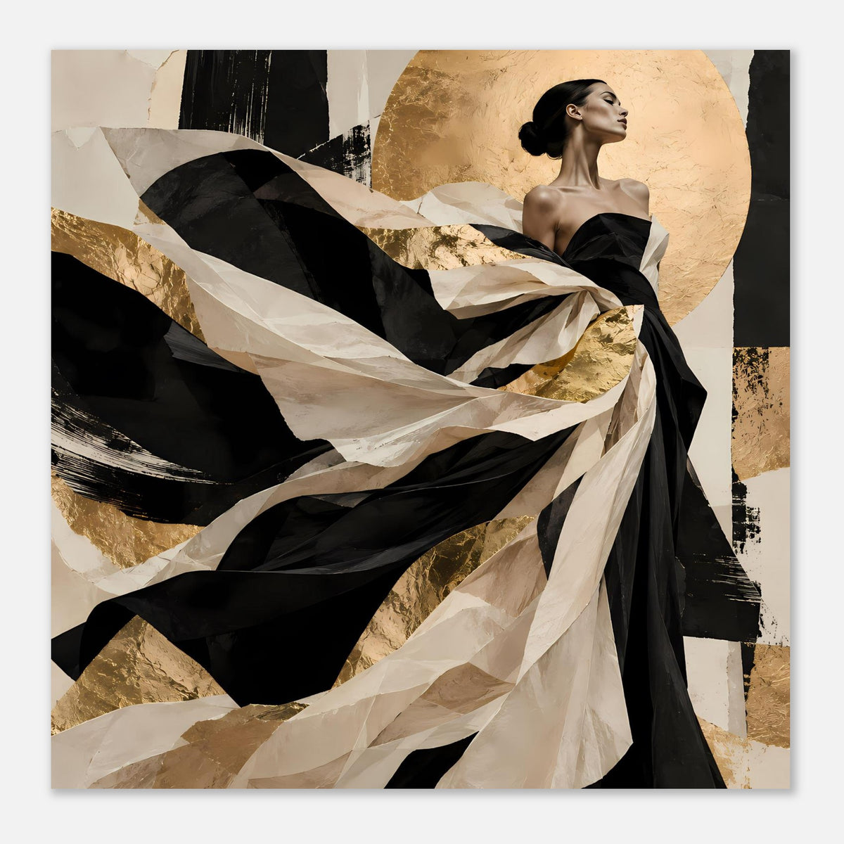 Kunstposter, rechteckig: Profil einer Frau mit schwarzem Kleid und creme-goldenen Wirbelstrukturen
