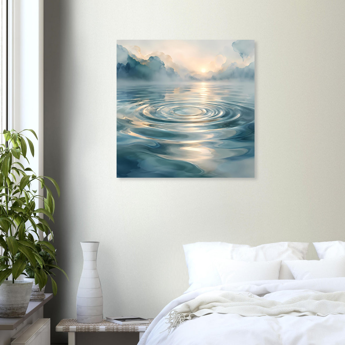 Quadratisches Poster mit ruhigem Wasserwellenbild, Blau- und Goldtönen