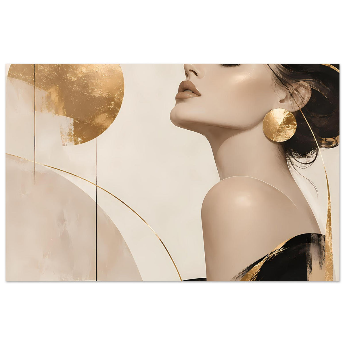 Wandposter mit Frauenprofil, goldenen Schmuckakzenten und geometischer Gold-Optik